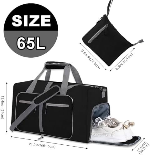 Men's Travel Bag, Foldable Travel Bag with Shoe Compartment, Black, A Black, travel bag - Image 2