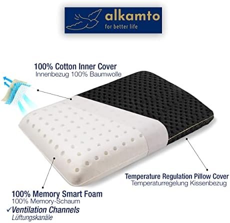 alkamto Travel Pillow - Camping Pillow - Memory Foam with Extra Cotton Cover - Includes Bag - Orthopaedic Neck Support Pillow Visco Foam - Temperature Regulation (40 x 25 x 10 cm, Black) - Image 4