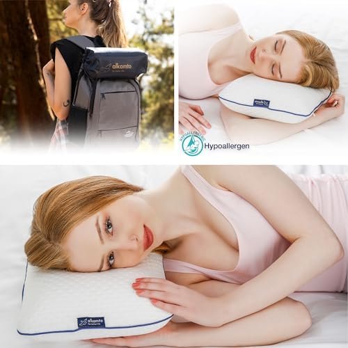 alkamto Travel Pillow, Camping Pillow, Ergonomic Memory Foam Pillow with Temperature-Regulating Cover, Oeko-Tex, Made in Green - Image 3