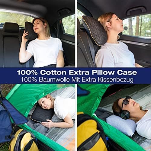 alkamto Travel Pillow - Camping Pillow - Memory Foam with Extra Cotton Cover - Includes Bag - Orthopaedic Neck Support Pillow Visco Foam - Temperature Regulation (40 x 25 x 10 cm, Black) - Image 2